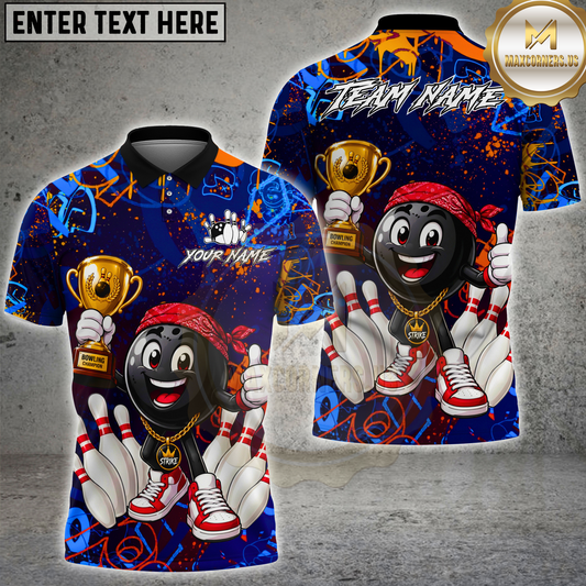 Maxcorners Bowling Champion Funny Cartoon Trophy Multicolor Options Personalized Name, Team Name 3D Shirt (4 Colors)