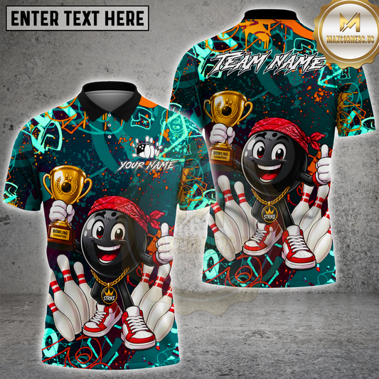 Maxcorners Bowling Champion Funny Cartoon Trophy Multicolor Options Personalized Name, Team Name 3D Shirt (4 Colors)
