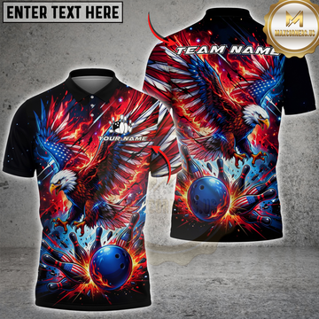 Maxcorners USA Flag Bowling Eagle Flame Energy Personalized Name, Team Name 3D Shirt