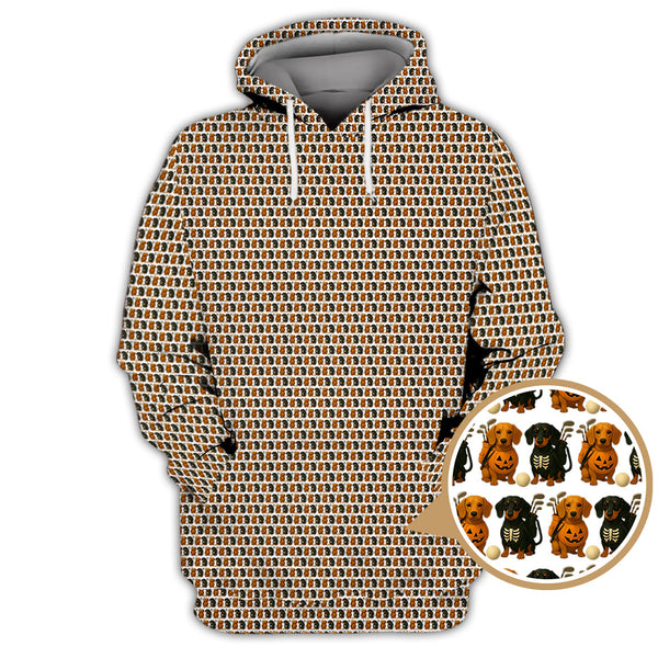 Maxcorners Halloween Golf Shirt, Dachshund Pattern Golf Shirt With Pumpkin And Skeleton, Funny Golf Shirt For Golfer, Dog Golf Shirt