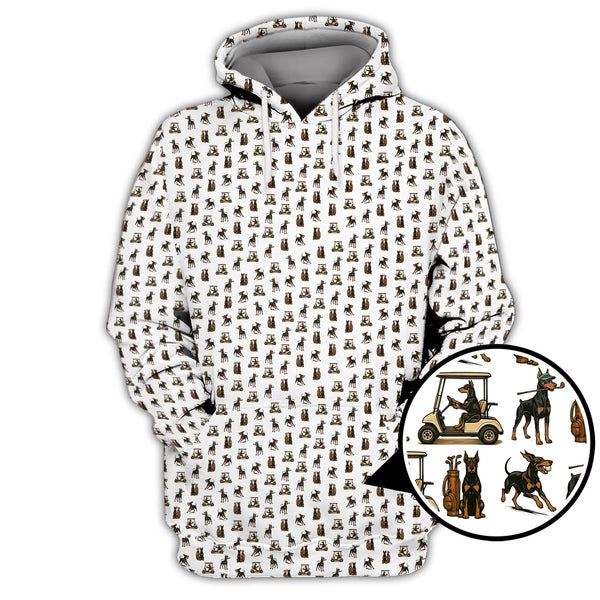 Maxcorners Doberman Pattern Golf Polos, Dog Golf Shirt For Golfers, Crazy Golf Shirts