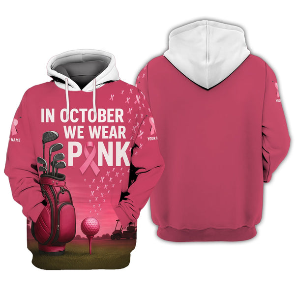 Maxcorners Personalized Breast Cancer Golf Shirt, In October We Wear Pink Shirt With Custom Name, Pink Golf Shirt For Golfer