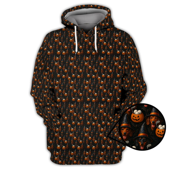 Maxcorners Halloween Dachshund Pattern Golf Shirt, Funny Dog Golf Polos, Spooky Halloween Golf Shirt For Golfer