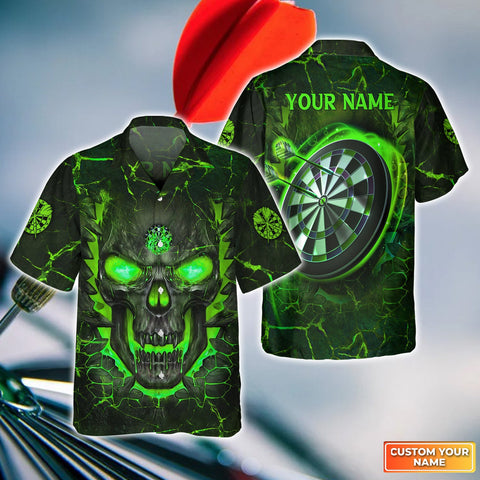 Maxcorners Darts Flame Green Skull Customized Name 3D Hawaiian Shirt