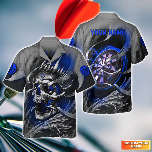 Maxcorners Darts Blue Skull Customized Name 3D Hawaiian Shirt