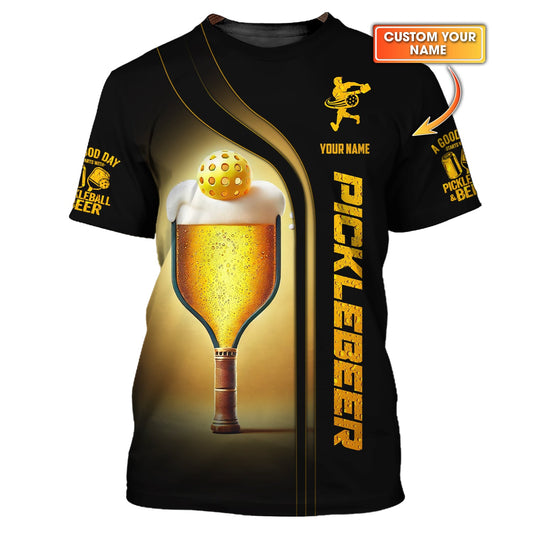 Maxcorners Custom Pickleball & Beer Shirt – Funny Yellow Mug Paddle Design – Black Tee for Players & Fans