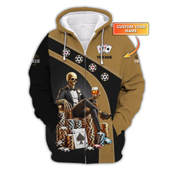 Maxcorners Custom Poker Shirt - Black & Gold Skeleton King Design with Chips and Whiskey - Personalized Casino Tee for Card SharksLM1009