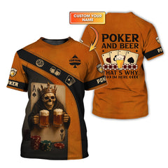 Maxcorners Custom Poker and Beer Shirts, Poker Skeleton Funny Custom Name Shirt for Men, Poker Gift for LoverLM1009