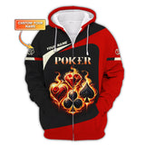Custom Fiery Poker T-Shirt – Glowing Card Suits & Bold Black-Red Design, Gift For Poker Players