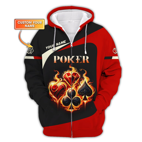 Custom Fiery Poker T-Shirt – Glowing Card Suits & Bold Black-Red Design, Gift For Poker Players