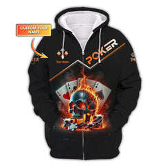 Maxcorners Custom Poker-Themed T-Shirt with Fiery Skull, Aces and Poker Chips Design, Poker T ShirtsLM1009