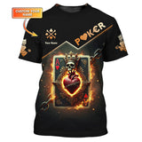 Custom Poker T-Shirts – Fiery Ace of Hearts, Skull Crown and Chains, Gift For Poker Players