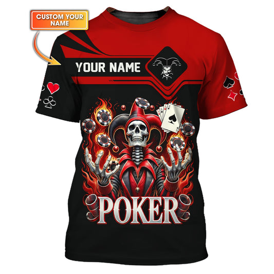 Maxcorners Custom Poker T-Shirt - Fiery Joker Skull, Playing Cards & Poker Chips, Gift For Poker Players LM1009