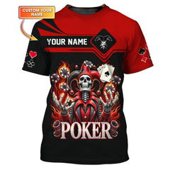 Custom Poker T-Shirt – Fiery Joker Skull, Playing Cards & Poker Chips, Gift For Poker Players
