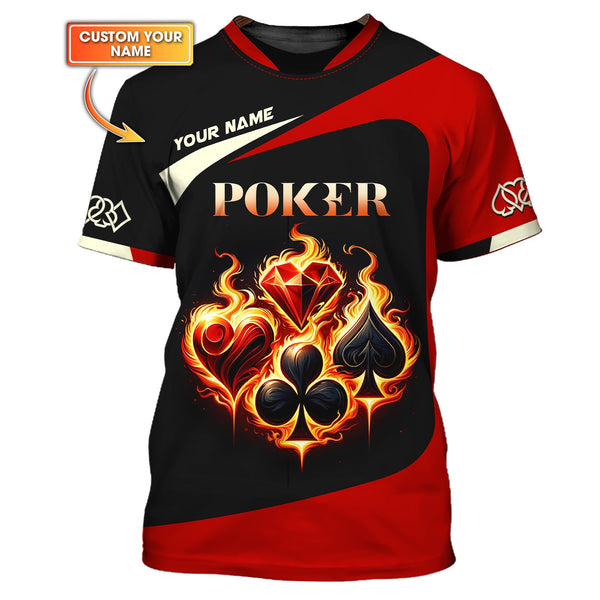Custom Fiery Poker T-Shirt – Glowing Card Suits & Bold Black-Red Design, Gift For Poker Players