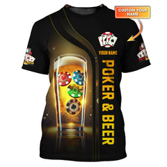 Maxcorners Custom Poker & Beer Shirt - Black & Gold Design with Playing Chips in Beer Glass - Personalized Tee for Card Game LoversLM1009