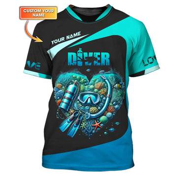 Maxcorners Scuba Diving Heart Custom Name 3D Shirt Personalized Gift For Diver Lovers LM2111