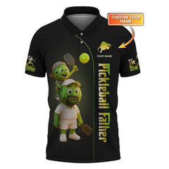 Maxcorners Custom Black Pickleball Father Shirt – Cute Green Ball Characters Gift for Dad and Son