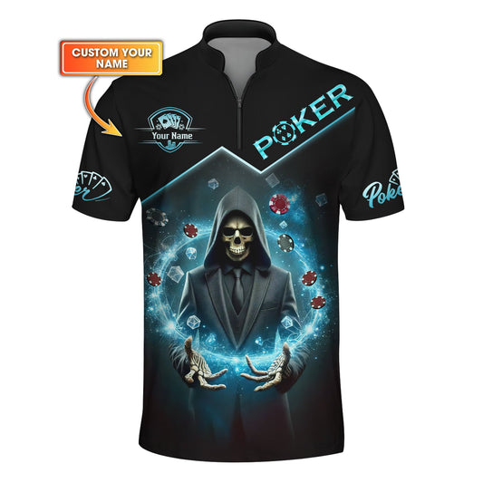 Maxcorners Grim Reaper Poker Shirt - Custom Name Skull in Suit with Magic Poker Chips Design TeeLM1009