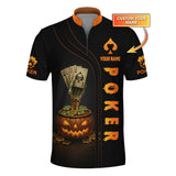 Poker Halloween Shirt, Funny Poker T-Shirt, Custom Name Skeleton Pumpkin Poker Polos