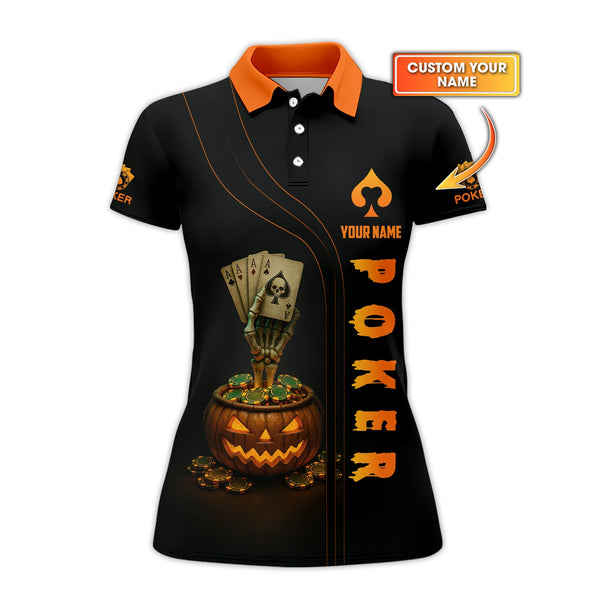 Poker Halloween Shirt, Funny Poker T-Shirt, Custom Name Skeleton Pumpkin Poker Polos