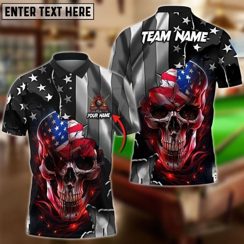 Maxcorners Billiards Skull American Flag Ball 8 Logo Personalized Name, Team Name 3D Polo (4 Colors)