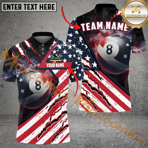 Maxcorners 8 Ball American Flag Patriot Billiard Jersey Customized Name, Team Name 3D Polo Shirt