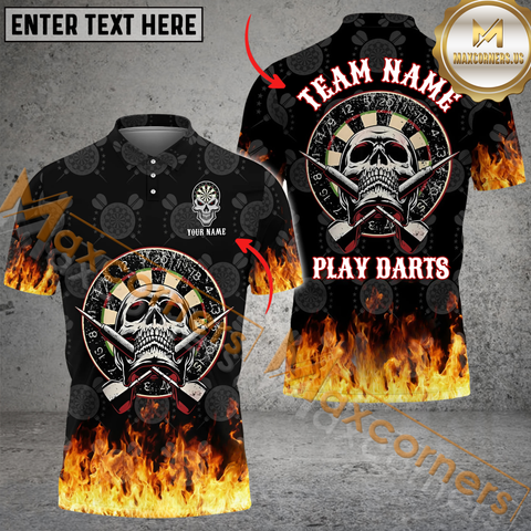 MaxCorners Darts Skull Play Fire Flame Customized Name, Team Name 3D Polo Shirt