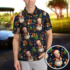 Maxcorners Personalized Face Christmas Polos, Custom Photo Snowman Golf Shirt, Funny Xmas Gift For Golfer