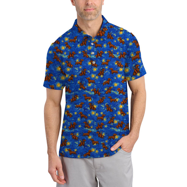 Maxcorners Pattern Golf Shirt For Golfer, Dachshund Golf Shirt, Starry Night Dachshund Golf Shirt For Men