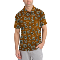 Maxcorners Funny Golf And Bourbon Polos, Brown Golf Shirt with Whiskey Ice Cube For Men, Pattern Crazy Golf Shirts For Golfers