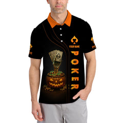 Maxcorners Poker Halloween Shirt, Funny Poker T-Shirt, Custom Name Skeleton Pumpkin Poker PolosLM1009