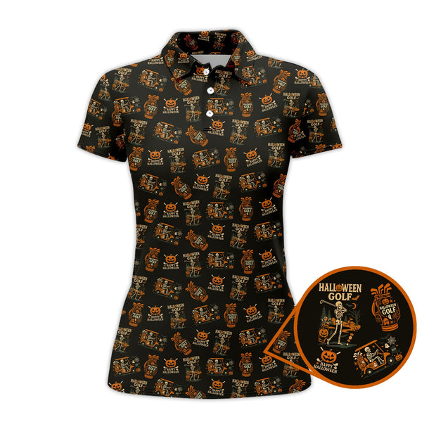 Skeleton Pattern Golf Shirts, Funny Golf Polos For Men, Halloween Golf Shirt For Golfers