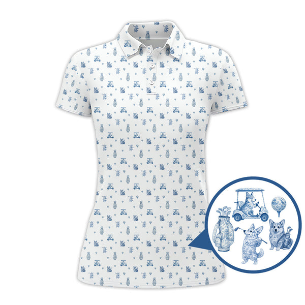 Maxcorners Toile De Jouy Shirt, Pattern Polf Shirt, Dog Golf Shirt, Corgi Golf Shirt, Crazy Golf Shirt For Men