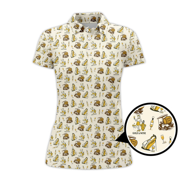 Maxcorners Yellow Golf Polos For Women, Funny Golf & Wine Shirts, Pattern Ladies Golf Shirt For Wine Lovers