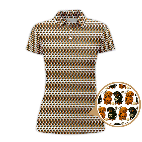Maxcorners Halloween Golf Shirt, Dachshund Pattern Golf Shirt With Pumpkin And Skeleton, Funny Golf Shirt For Golfer, Dog Golf Shirt