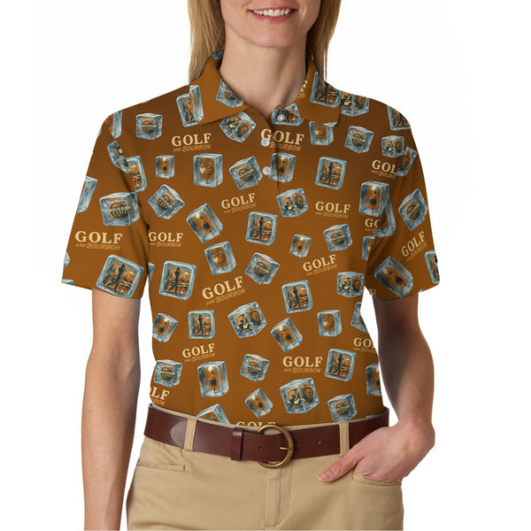 Maxcorners Funny Golf And Bourbon Polos, Brown Golf Shirt with Whiskey Ice Cube For Men, Pattern Crazy Golf Shirts For Golfers