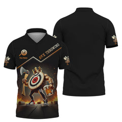 Maxcorners Custom Axe Throwing Shirt – Funny Muscular Target King Design with Beer & Axe – Personalized Black & Orange Jersey for Teams & Events MT2009