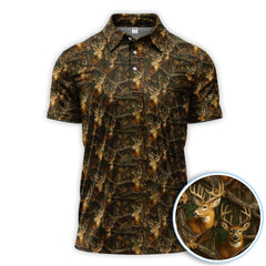 Maxcorners Deer Pattern Polos For Golfer, Realistic Camo Shirt, Crazy Golf Shirt For Men