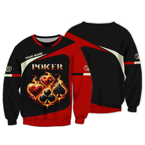 Custom Fiery Poker T-Shirt – Glowing Card Suits & Bold Black-Red Design, Gift For Poker Players