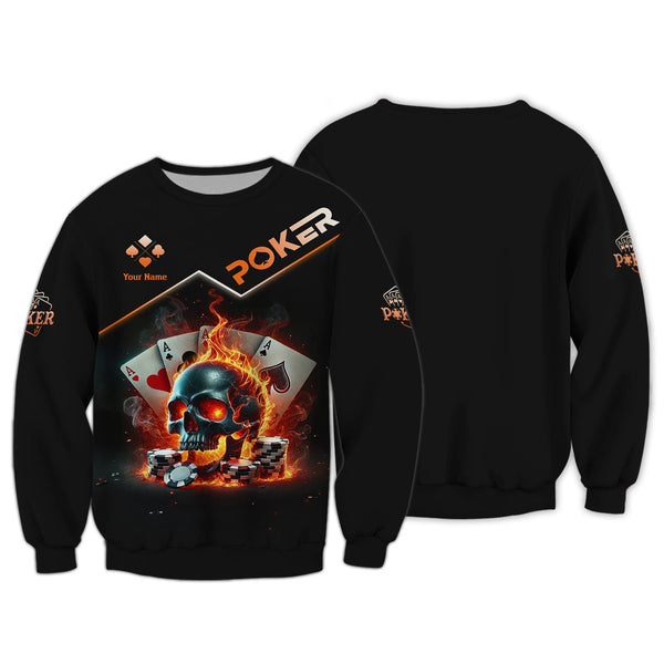 Custom Poker-Themed T-Shirt with Fiery Skull, Aces and Poker Chips Design, Poker T Shirts