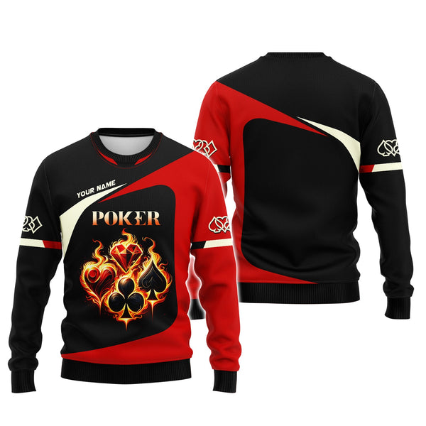 Custom Fiery Poker T-Shirt – Glowing Card Suits & Bold Black-Red Design, Gift For Poker Players