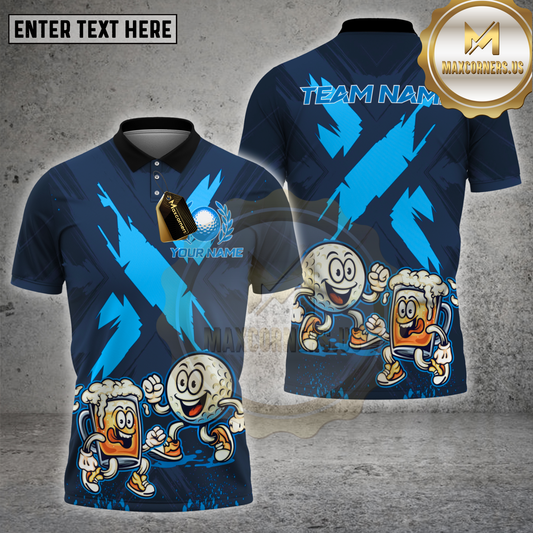 Maxcorners Golf Shirt Funny Beer And Golf Ball Cartoon Multicolor Options Personalized Name, Team Name Unisex 3D Shirt (4 Colors)