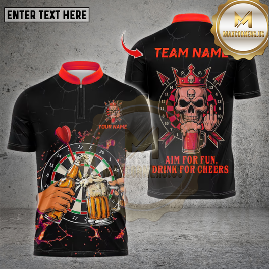 Maxcorners Darts Shirt Skull Beer Cheers Aim for Fun Multicolor Options Personalized Name, Team Name Unisex 3D Shirt (4 Colors)