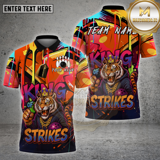 Maxcorners Bowling Shirt Tiger King Of Strikes Graffiti Style Multicolor Options Personalized Name, Team Name Unisex 3D Shirt (4 Colors)