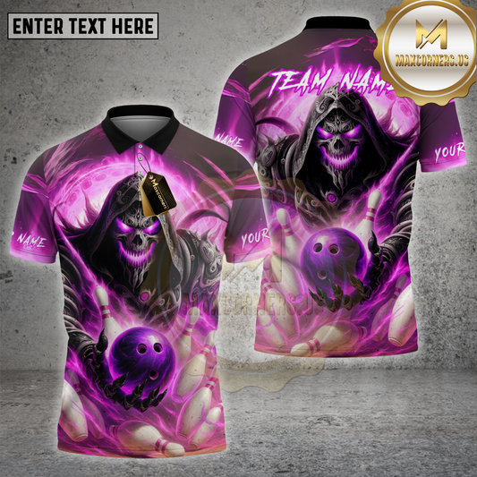Maxcorners Bowling Shirt Grim Reaper Flames Multicolor Options Personalized Name, Team Name Unisex 3D Shirt (4 Colors)