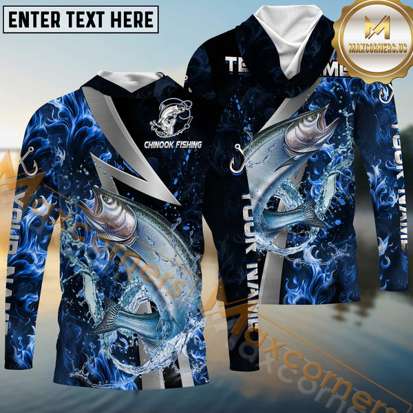 Maxcorners Chinook Fishing Blue Fire Splash Personalized Name, Team Name Long Sleeve Shirt