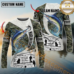 Maxcorners Marlin Fishing Camo Forest Scene Personalized Name, Team Name Long Sleeve Shirt