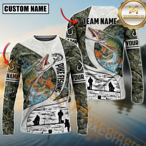 Maxcorners Pike Fishing Camo Forest Scene Personalized Name, Team Name Long Sleeve Shirt