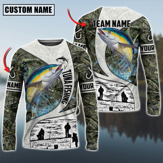 Maxcorners Tuna Fishing Camo Forest Scene Personalized Name, Team Name Long Sleeve Shirt